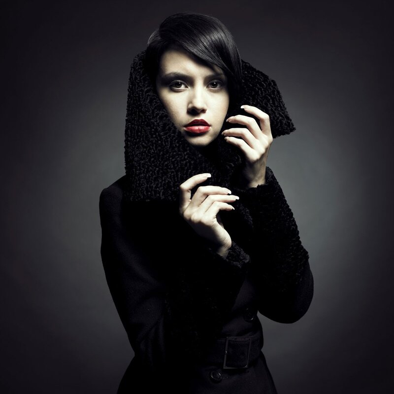 Woman in Black Coat — Dramatic, Photograph, Scarf