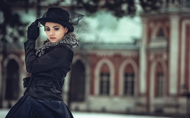 Woman in Black Coat — Dramatic, Winter, Photograph, Hat