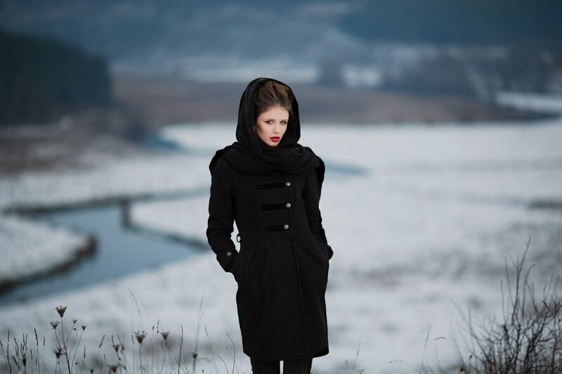 Woman in Black Coat — Dramatic, Winter, Photograph, Snow