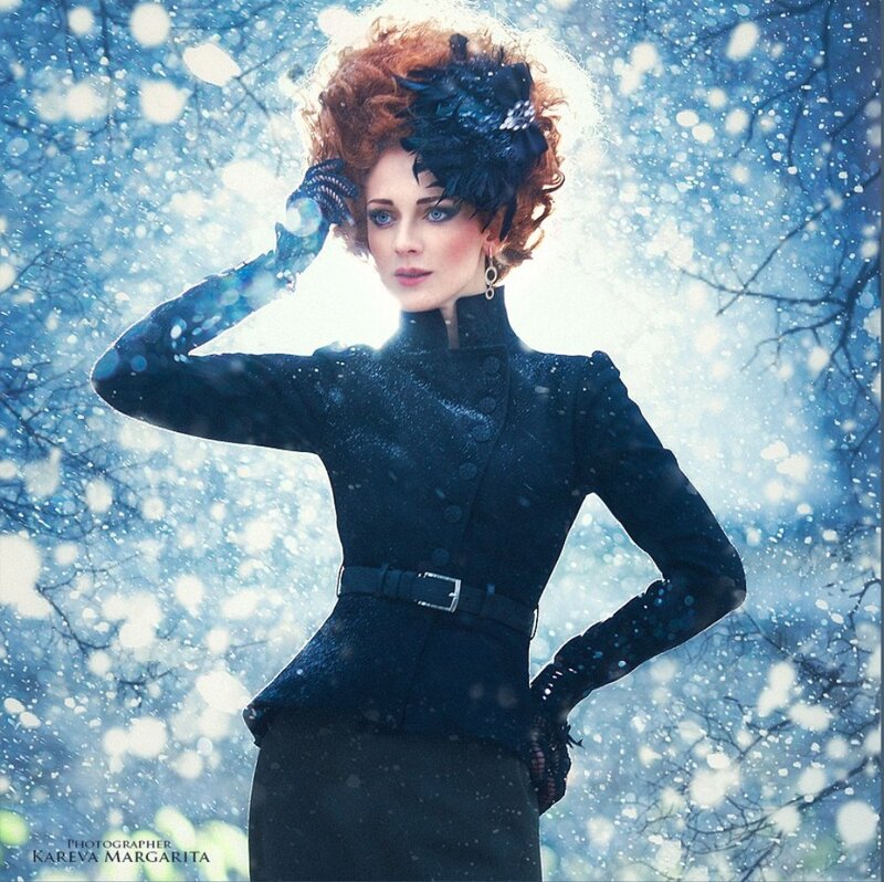 Woman in Black Coat — Dramatic, Winter, Photograph