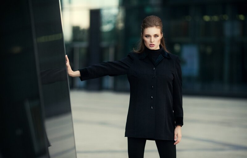 Woman in Black Coat — Serious, Afternoon, Photograph, Building
