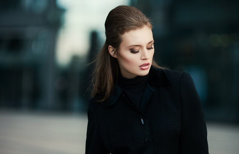 Woman in Black Coat — Serious, Photograph, Turtleneck