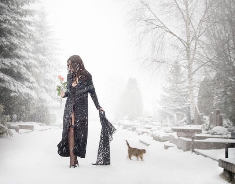 Woman in Black Coat — White