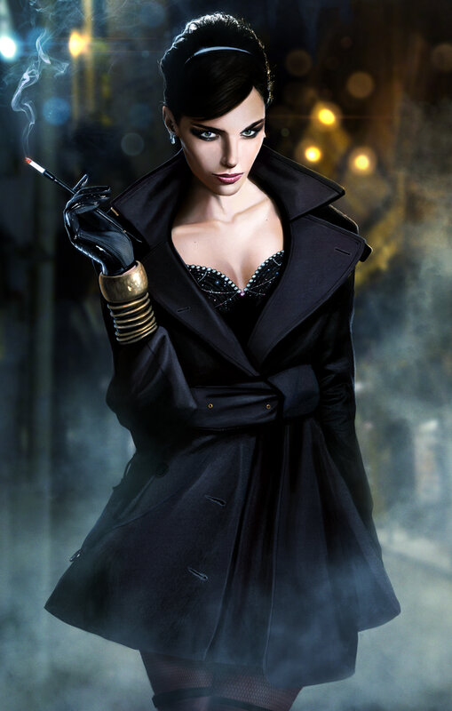 woman in black coat with cigarette