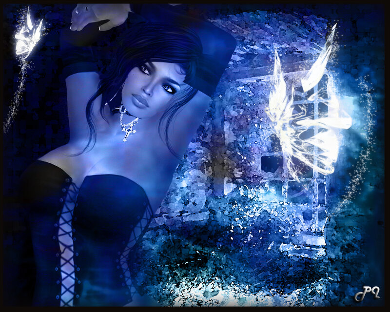 Woman in Black Corset — Blue, Dramatic, Night