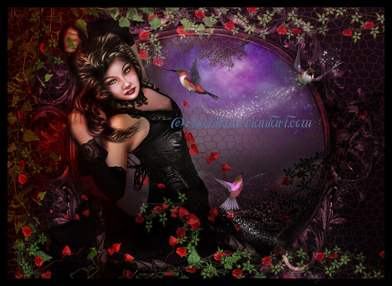 Woman in Black Corset — Dramatic, Night, Digital Art, Hummingbirds