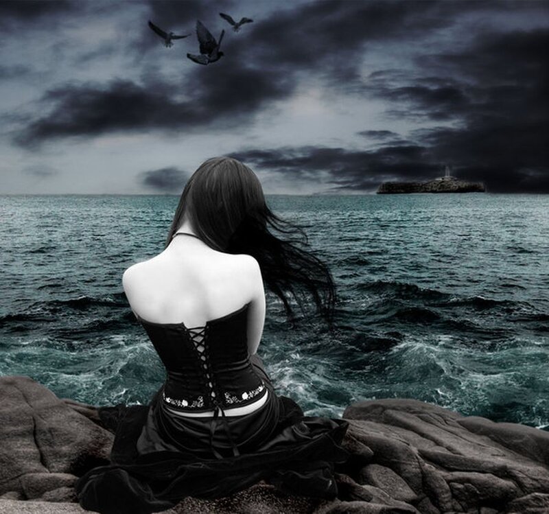 Woman in Black Corset — Dramatic, Night, Digital Art, Ocean