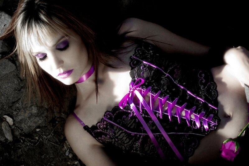 Woman in Black Corset — Dramatic, Photograph, Purple Ribbon