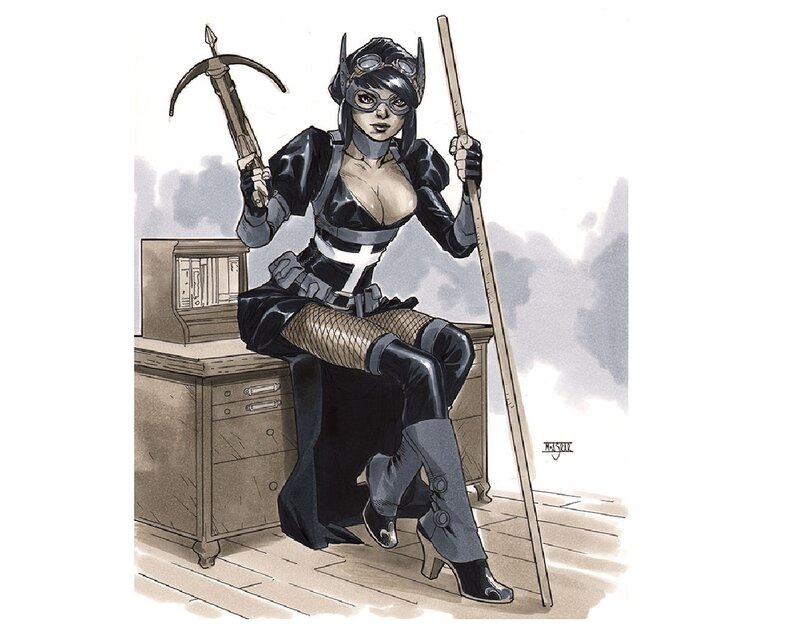 Woman in Black Costume — Confident, Comic
