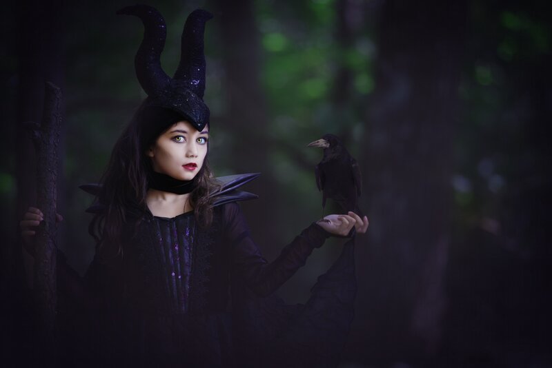Woman in Black Costume — Dramatic, Night, Photograph, Crow, Horned Hat