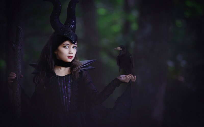 Woman in Black Costume — Dramatic, Night, Photograph, Crow, Staff