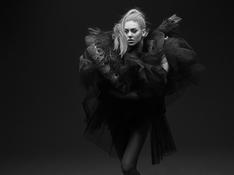 Woman in Black Costume — Dramatic, Photograph, Feathered Shawl