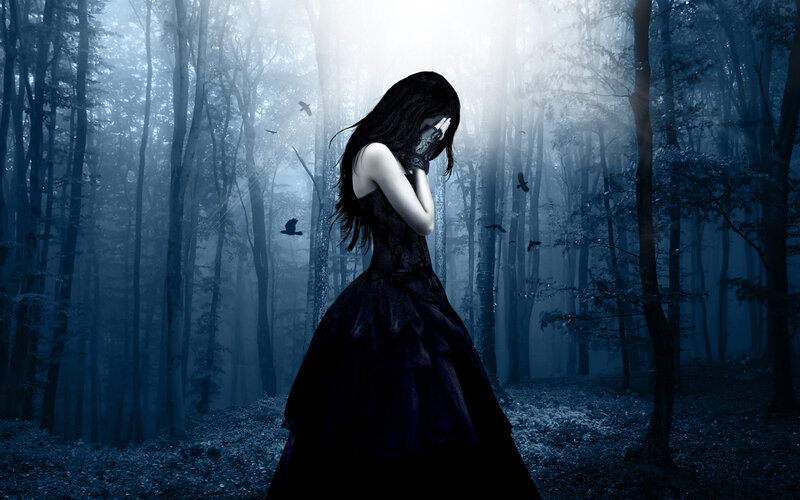 Woman in Black Dress — Blue, Dark, Night, Digital Art, Forest, Crows