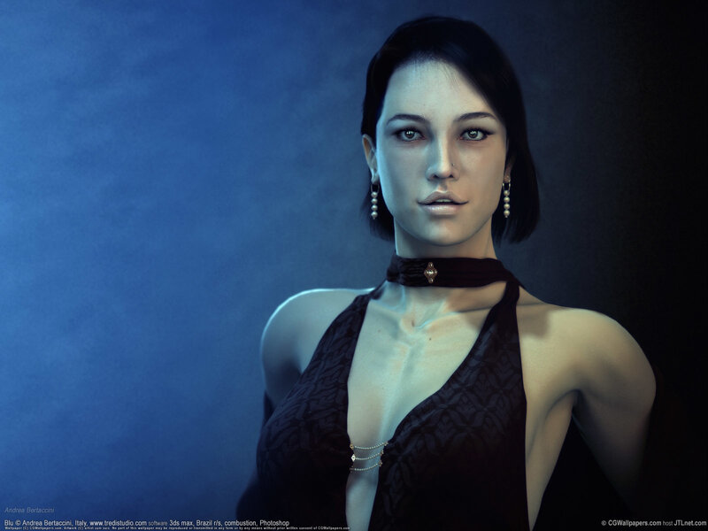 Woman in Black Dress — Blue, Dramatic, 3d Render, Choker
