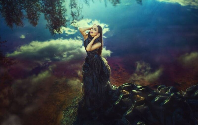 Woman in Black Dress — Blue, Dramatic, Digital Art, Clouds