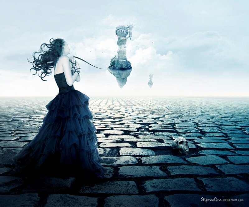 Woman in Black Dress — Blue, Dramatic, Digital Art, Skull