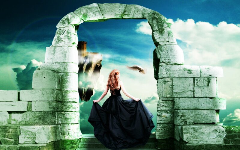 Woman in Black Dress — Blue, Dramatic, Digital Art, Stone Arch