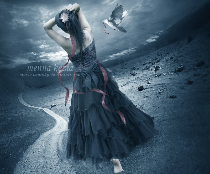 Woman in Black Dress — Blue, Dramatic, Night, Digital Art, Bird