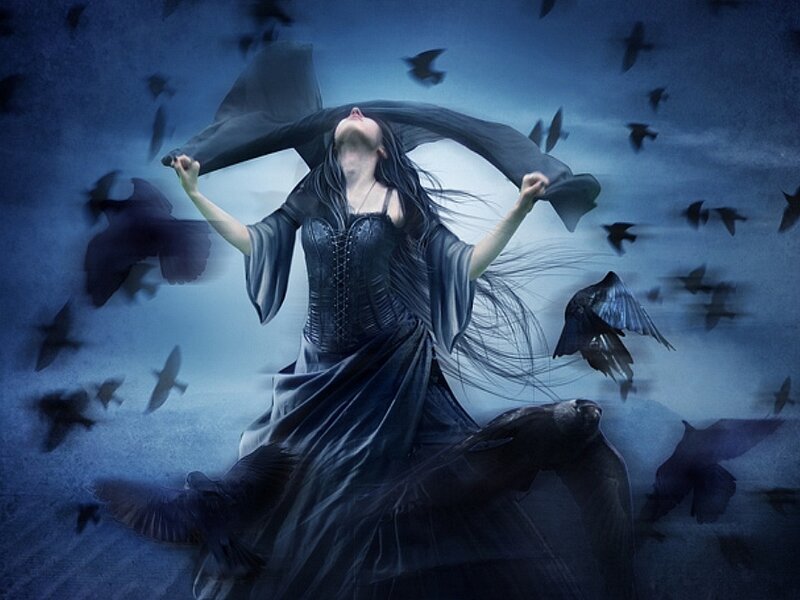 Woman in Black Dress — Blue, Dramatic, Night, Digital Art, Birds