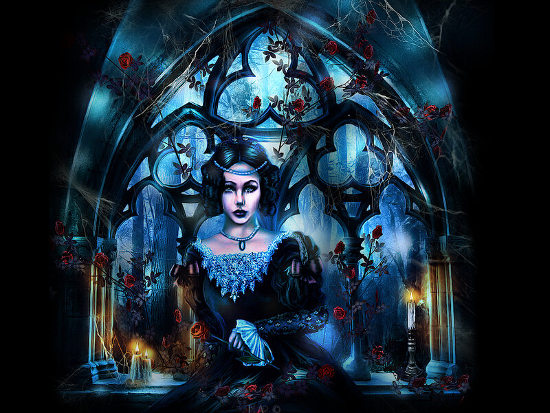 Woman in Black Dress — Blue, Dramatic, Night, Digital Art, Candle