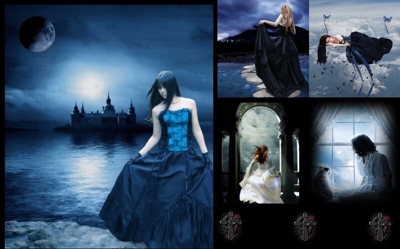 Woman in Black Dress — Blue, Dramatic, Night, Digital Art, Castle, Moon