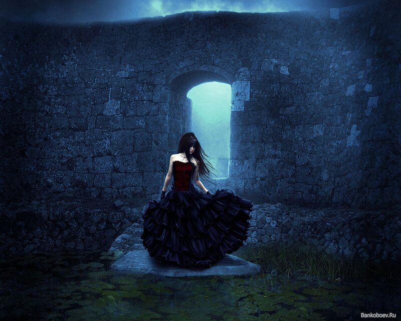 Woman in Black Dress — Blue, Dramatic, Night, Digital Art, Castle