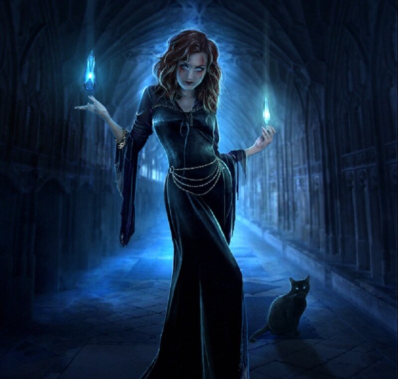 Woman in Black Dress — Blue, Dramatic, Night, Digital Art, Cat