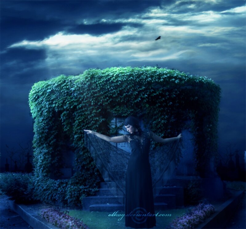 Woman in Black Dress — Blue, Dramatic, Night, Digital Art, Cemetery