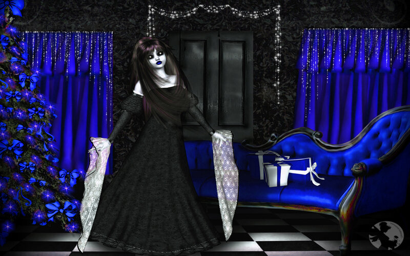 Woman in Black Dress — Blue, Dramatic, Night, Digital Art, Christmas Tree