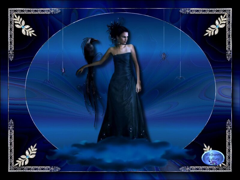 Woman in Black Dress — Blue, Dramatic, Night, Digital Art, Crow