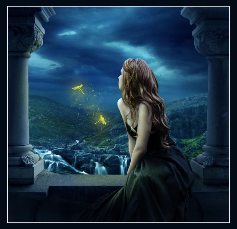 Woman in Black Dress — Blue, Dramatic, Night, Digital Art, Dragonflies