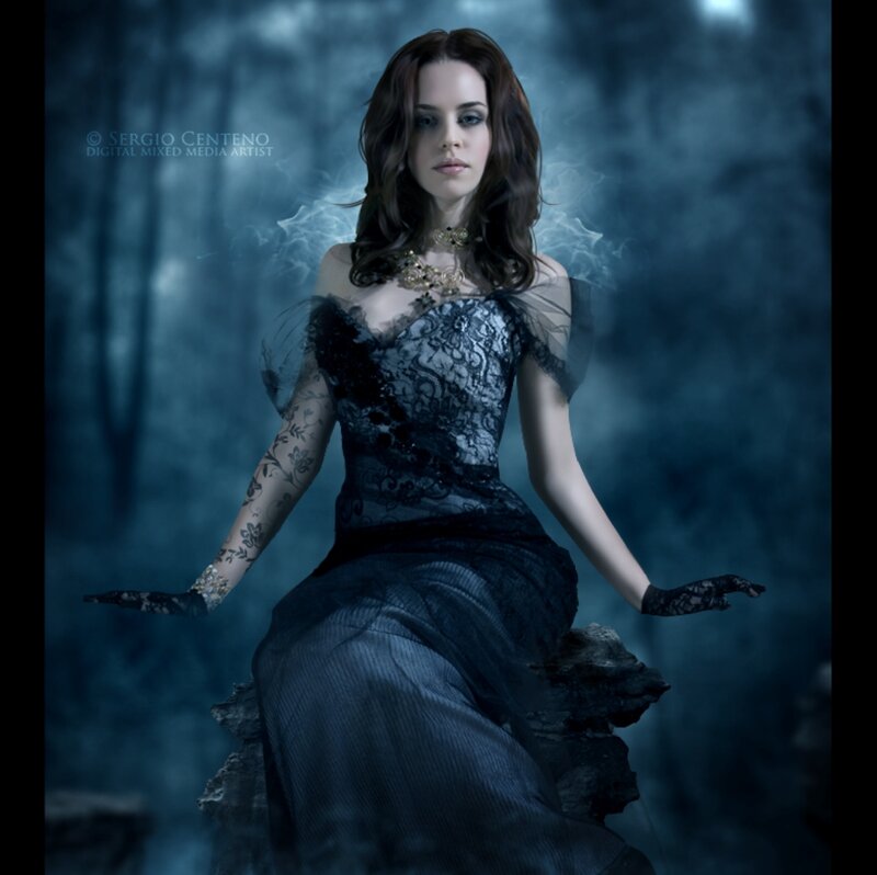Woman in Black Dress — Blue, Dramatic, Night, Digital Art, Forest