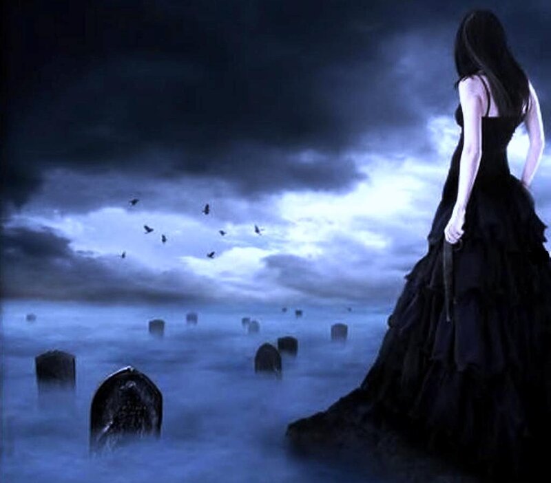 Woman in Black Dress — Blue, Dramatic, Night, Digital Art, Gravestones