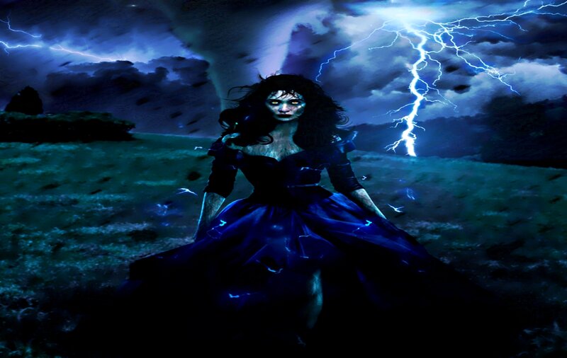 Woman in Black Dress — Blue, Dramatic, Night, Digital Art, Lightning