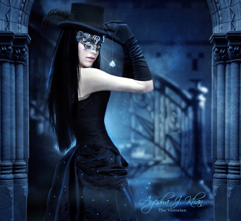 Woman in Black Dress — Blue, Dramatic, Night, Digital Art, Mask