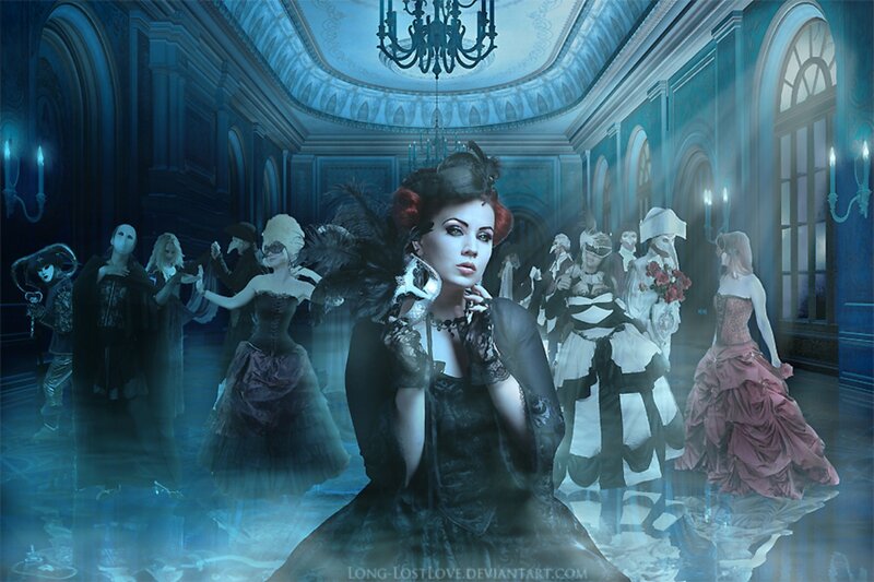 Woman in Black Dress — Blue, Dramatic, Night, Digital Art, Masks