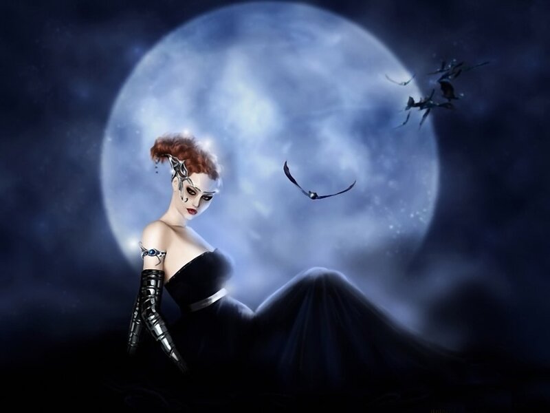 Woman in Black Dress — Blue, Dramatic, Night, Digital Art, Moon, Bats
