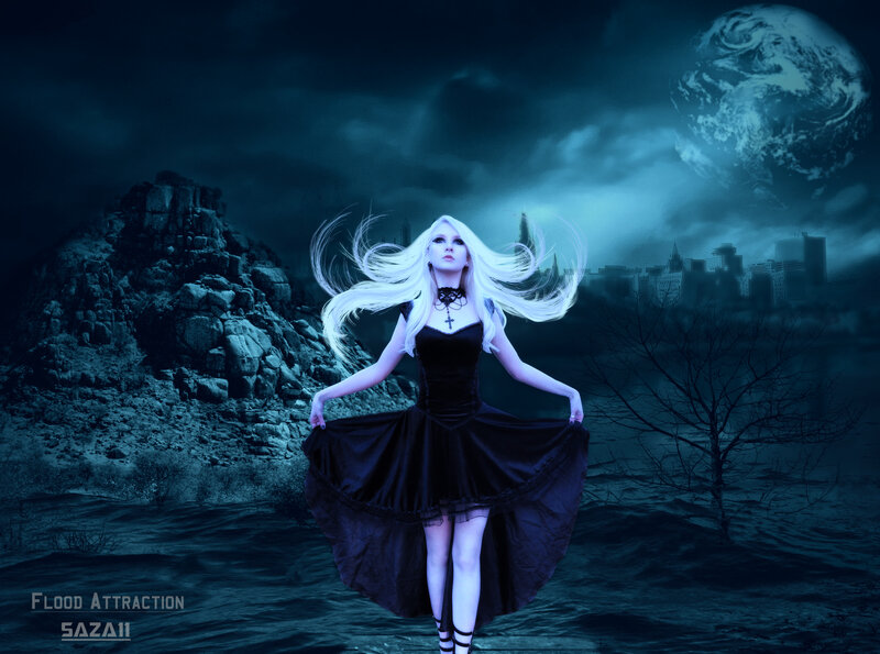 Woman in Black Dress — Blue, Dramatic, Night, Digital Art, Moon, City