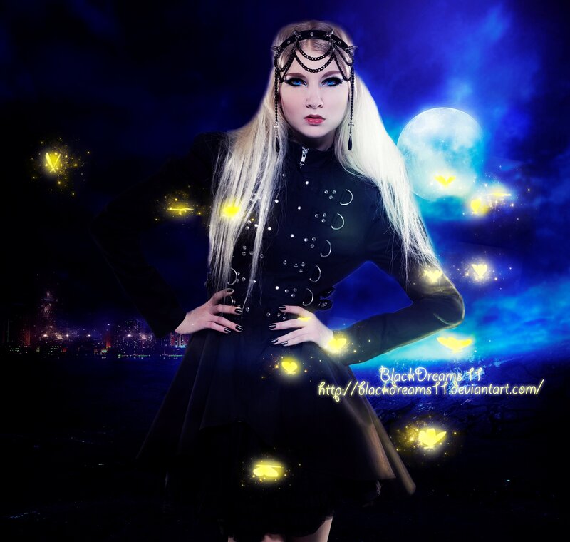 Woman in Black Dress — Blue, Dramatic, Night, Digital Art, Moon, Cityscape