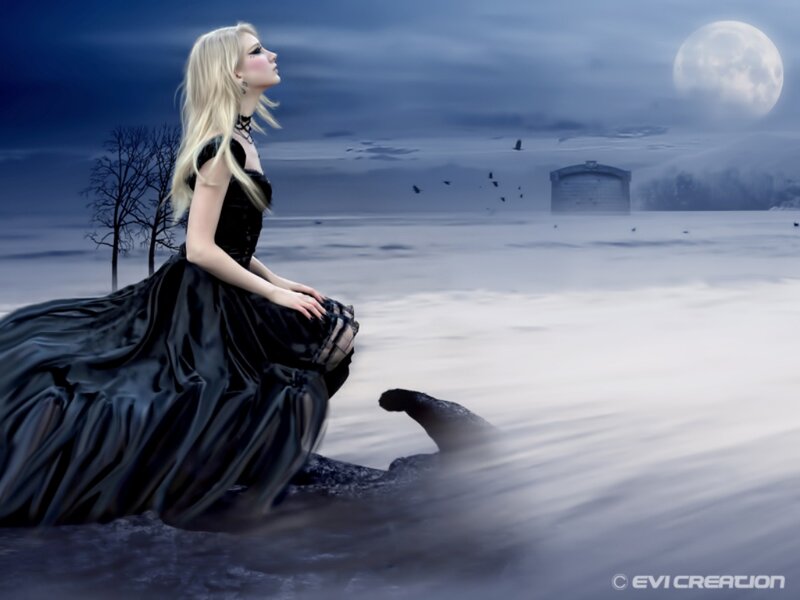 Woman in Black Dress — Blue, Dramatic, Night, Digital Art, Moon, Crows