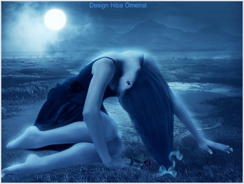 Woman in Black Dress — Blue, Dramatic, Night, Digital Art, Moon, Rose