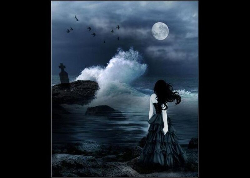 Woman in Black Dress — Blue, Dramatic, Night, Digital Art, Moon