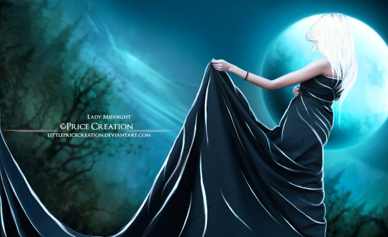 Woman in Black Dress — Blue, Dramatic, Night, Digital Art, Moon, Trees