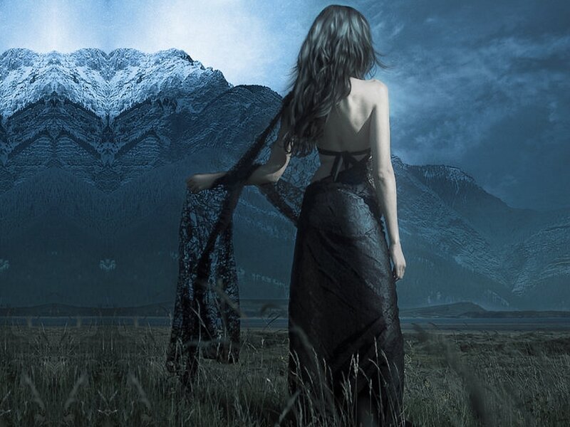 Woman in Black Dress — Blue, Dramatic, Night, Digital Art, Mountains