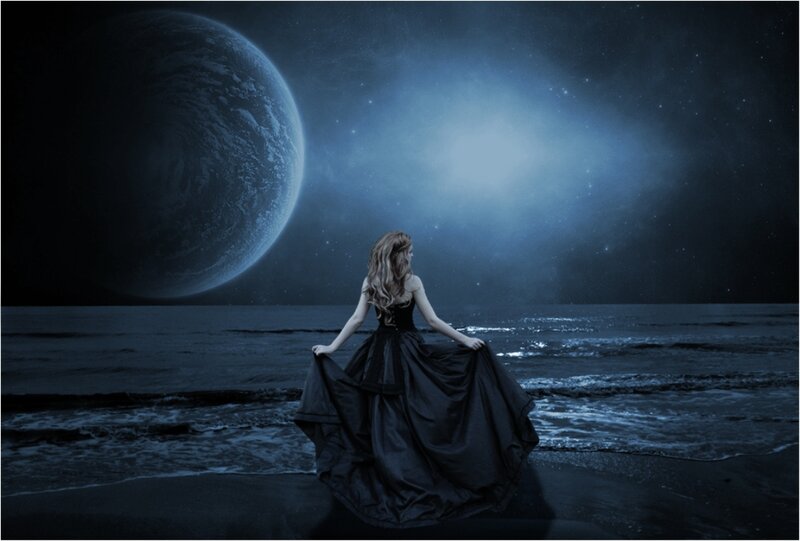 Woman in Black Dress — Blue, Dramatic, Night, Digital Art, Planet, Ocean