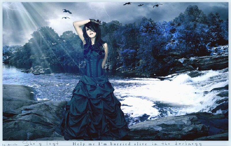Woman in Black Dress — Blue, Dramatic, Night, Digital Art, River