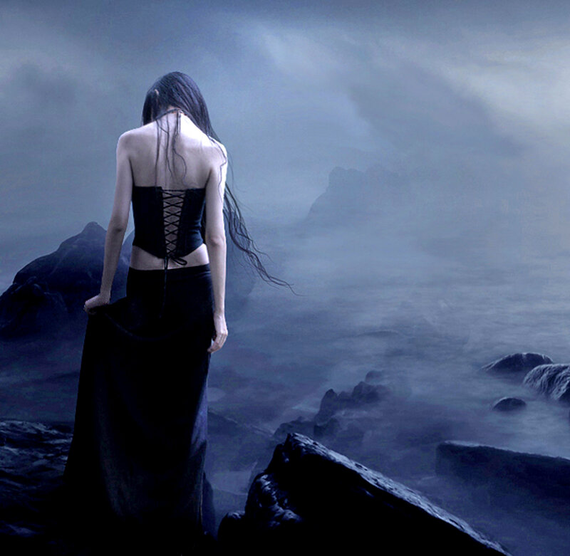 Woman in Black Dress — Blue, Dramatic, Night, Digital Art, Rocks, Sea