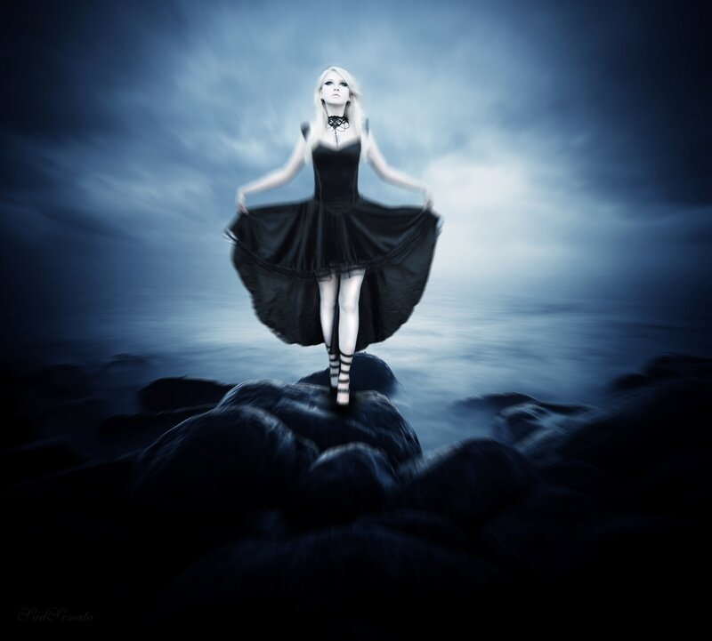 Woman in Black Dress — Blue, Dramatic, Night, Digital Art, Rocks