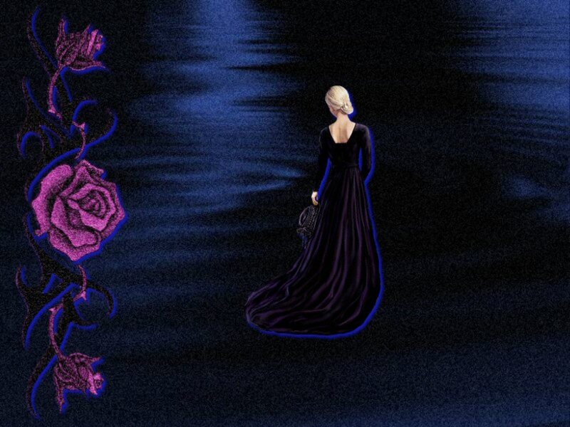 Woman in Black Dress — Blue, Dramatic, Night, Digital Art, Rose