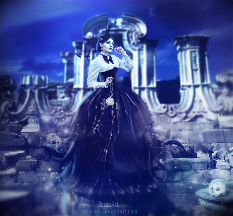 Woman in Black Dress — Blue, Dramatic, Night, Digital Art, Skull